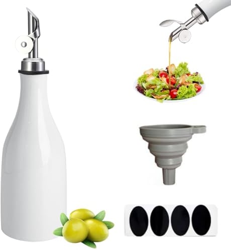 mumisuto Distributeur D'huile d'olive en Céramique, 300ML Bouteille Huile Olive avec Bec Verseur/Entonnoir, Distributeur Huile d’Olive/Vinaigre/Sauce de Soja Outil pour Barbecue/Cuisson/Salade(Blanc)