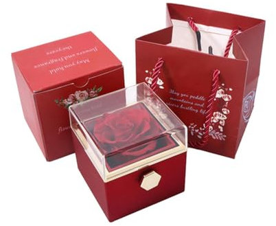 KMOCEPLY Boîte cadeau rose éternelle avec sac en papier - Boîte à bijoux faite à la main - Fleur préservée romantique pour petite amie, épouse, mère, anniversaire, Saint-Valentin, anniversaire de