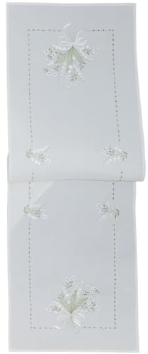 Frühlings Tischläufer Blumen Stick grün weiß Polyester als Tischdeko - Tischdecke Maiglöckchen NICOLA Osterdeko 40 x 140 cm rechteckig - Waschbare Kunststoff Mitteldecke Frühlingsdeko Esstisch