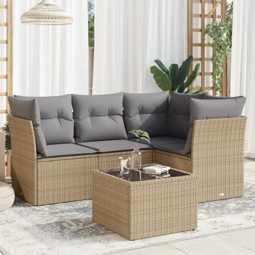 ULUYYUC 5-TLG. Garten-Sofagarnitur, Eckbank Schlafsofa Polsterbank Gartenstühle Geeignet für Außenbereich Balkon Hinterhof Garten mit Kissen Beige Poly Rattan