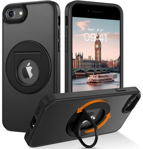 VENINGO for iPhone SE 2022/SE 2020 Case, for iPhone 7/8 Phone Case, Compatible with MagSafe 360° Rotatable Magnetic Kickstand Ring Holder Matte Translucent Back Shockproof Slim Protective, Black