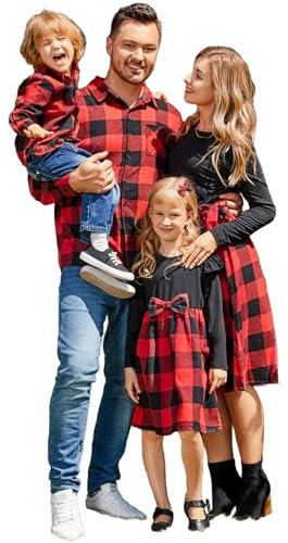 PATPAT Familienoutfit Karo Familienporträts (Hemd + Kleid), Mutter Tochter Outfit Mama Partnerlook, Mommy and Me, Fotografie Reisen Versammlungen Familienrituale, RotMädchen3-4 Jahre