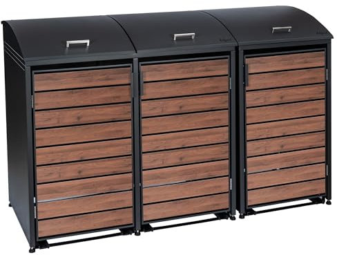Zelsius Mülltonnenbox 3er für 3 Mülltonnen mit abgerundetem Deckel | 120-240 Liter | Walnuss, Anthrazit RAL7016 | Tür in Holzoptik mit Erweiterungsmöglichkeiten | Mülltonnenhäusschen