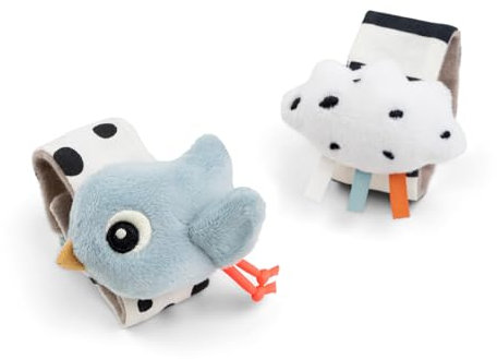 Done by Deer Rasselarmband 2 Stück Happy clouds Blau - Perfekt für die Stimulierung der Sinne, das Körperbewusstsein und das Erkennen der Hände - Babyspielzeug ab 0 monate - Klettverschluss