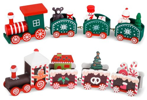 2 Stück Weihnachten Zug Deko, Mini Weihnachtszug Holz, Grün Braun Zug Ornamente, Kleiner Zug Weihnachts Tischdeko, Weihnachtsbaum Geschenke für Kinder Weihnacht Neujahr Xmas Party Tisch Dekoration