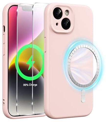 Xiltlly Coque Magnétique en Silicone Liquide pour iPhone 14 6,1 Pouces avec 2 Pièces Verre Trempé, Compatible avec MagSafe Aimants Intégrés, Étui Housse Antichoc Anti-Rayures Case pour iPhone 14, Rose