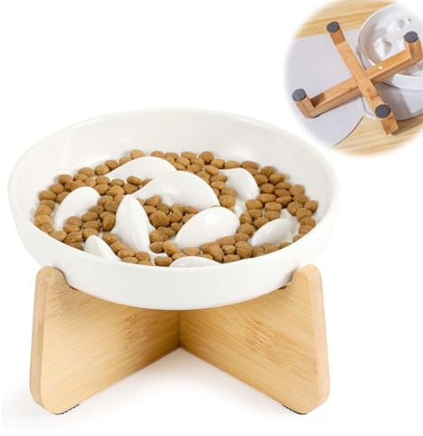 Yuelulala Slow Feeder Cat Bowl Ceramic with Bamboo Stand, Raised Rim Spill Proof Slow Eating Cat Bowl for Wet Food/Dry Food, Cat Food Bowl Eating Interactive for Puppies Kittens (A67-1)