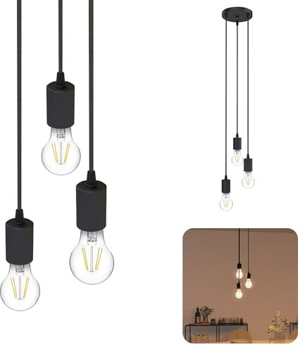 SSC-LUXon PARU Hängeleuchte 3 flammig schwarz rund inkl. E27 LED Lampen warmweiß - schlichte Pendellampe Textilkabel höhenverstellbar