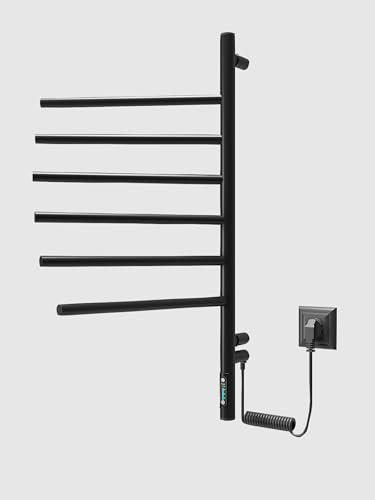 ELNA® Badheizkörper Elektrisch Schwarz Matt 79x40 cm, 78W - Elektrischer Handtuchheizkörper aus Edelstahl 304 mit Timer & Thermostat, IP44 Schutz - 6 Schwenkbare Arme 180°, Wandmontage
