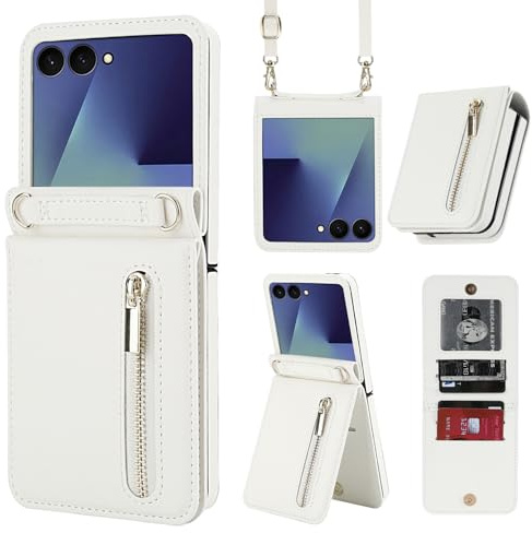 XIMAND for Samsung Galaxy Z Flip 7 Luxury Zipper Wallet Phone Case, Multi-Function Kickstand Card Holder Adjustable Crossbody Strap, Fashion Flip Case.(White)