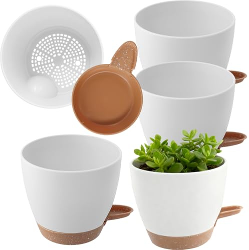 MAKTSAM Set of 6 16.5CM Self Watering Plant Pots Indoor with Drainage Holes and Saucers for Orchid, Snake Plant, Aloe, Violet, House Plants (White)