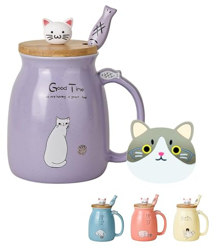 Cute Cat Mug Kawaii Ceramic Coffee Cup with Kitty Wooden Lid and Lovely Stainless Steel Spoon Novelty Morning Cups Coffee Milk Tea Mugs Christmas Birthday Gifts for Women Cat Lovers Present (Purple)