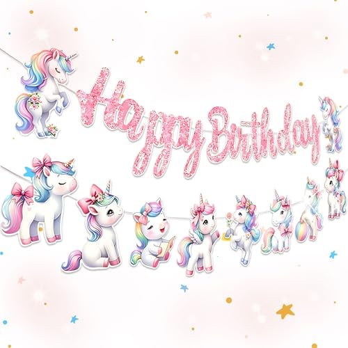 JeVenis Pony Einhorn Geburtstags Dekoration Banner Regenbogen Girlande