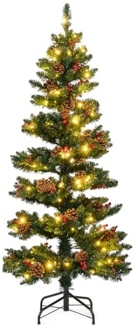 COSTWAY 4FT/5FT Pre-Lit Spiral Christmas Tree, Artificial Xmas Trees with LED Lights, Red Berries and Natural Pine Cones, Festival Decoration for Daily and Holiday Decoration (150 cm)