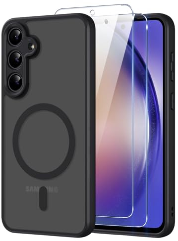 Pnakqil Magnetisch für Samsung Galaxy A54 5G Hülle für Magsafe,Matt Transluzente Handyhülle für Samsung A54 mit 2 Panzer Schutz Glas,PC Härte Rückseite Kratzfest Dünn Matte Magnetische Case,Schwarz