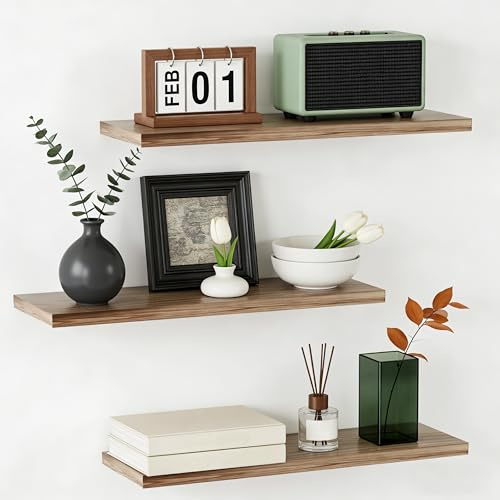 FREEAMG Wandregal Holz, 3er-Set Schweberegal Holzregal, Braun | Stabiles Regalbrett Holz für Schlafzimmer, Wohnzimmer, Badezimmer, Küche
