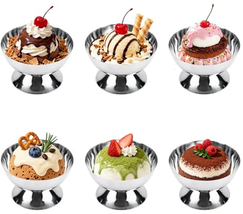 Tomotato glasskål, 207 ml rostfritt stål glasskopp efterrättskoppar liten söt silver Sundae-skål (6, kort)