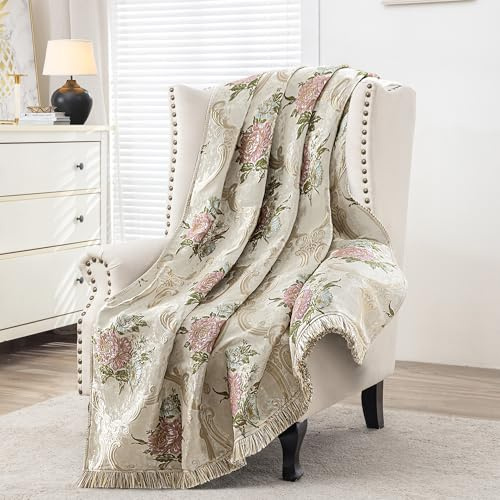 TOPLUXE Damast Kuscheldecke Wohndecke mit Quasten, Jacquard Überwurfdecke, Dekorative Decke für Sofa Couch Bett Stuhl Schlafzimmer Wohnzimmer Büro 132x182cm (Blumenmuster)