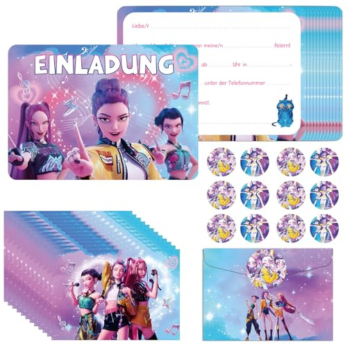 Freyauga Einladungskarten für Kindergeburtstag, 12 Stück Geburtstag Einladungen auf Deutsch, Party Einladung Set mit Demon-Hunters Mustern, Bunten Umschlägen und Runden Aufklebern für Jungen Mädchen