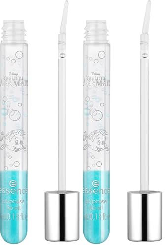 essence Disney THE LITTLE MERMAID bi-phase lip oil, Lipgloss, Nr. 01, Blau, mit Ölen, glänzend, schimmernd, vegan, ohne Parabene, ohne Mikroplastikpartikel, Nanopartikel frei, 2er Pack (4ml)