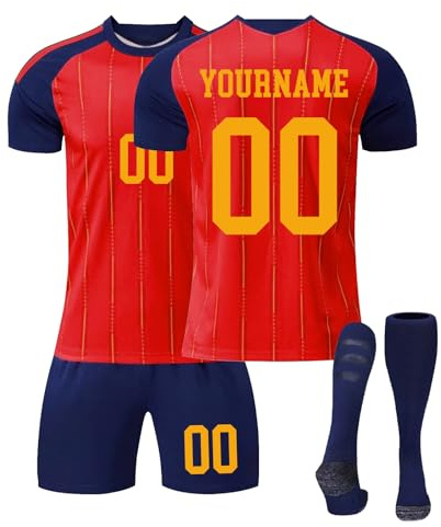 YSFWL 26/27 Deutschland Fußball Trikot, 2026 W-M Fußball Trikot,Anpassbarer Name und Nummer Kinder Erwachsenen Fussball Trikot, T-Shirt Shorts und Socke Set(#01 Spanien)
