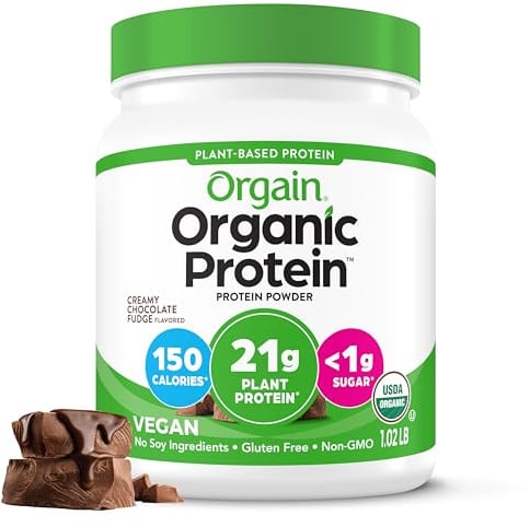 Orgain Organic Vegan Protein Powder, Creamy Chocolate Fudge - 21g Plant Protein, 7g Prebiotic Fiber, Low Net Carb, No Lactose Ingredients, No Added Sugar, Non-GMO, for Shakes & Smoothies, 1.02 lb