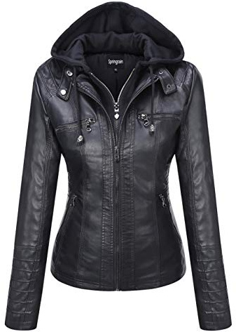 Springrain Women's Faux Leather Jacket Moto Biker Coat with Detachable Hood Motorcycle Jacket (XX-Large, Black)