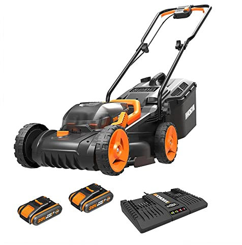 Worx WG779E.2 40V 34cm Cordless Lawnmower – Ideal for Small to Medium Gardens (Up to 230㎡) – Includes 2x 2.0Ah Batteries & Charger – Cut-to-Edge, Striped Lawn Roller, Foldable Handle, PowerShare