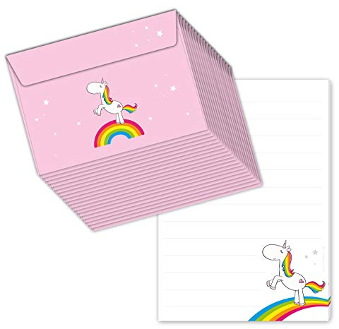 Schreibblock/Briefblock REGENBOGEN EINHORN DIN A5 (liniert 50 Blatt) inklusive 20 passenden Umschlägen/für Mädchen, Briefe, Briefpapier, Briefpapier Set für Kinder