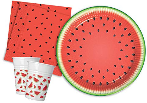 Partygeschirr Party-Set Watermelon Wassermelone für 24 Personen (88 pcs: 24 Pappteller Ø23cm, 24 Becher 200ml, 40 Servietten 33x33cm), Rot, Grün
