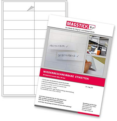 60 wiederbeschreibbare Etiketten I 10 x 3 cm I weiß I selbstklebende Beschriftungsfolie I Streifen zum Beschriften I mag205