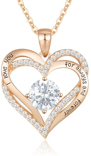 CDE Necklaces for Women Birthstone Pendant, Sterling Silver Love Heart Rose Gold Jewellery Gifts for Mum Her Wife Girlfriend Anniversary Birthday Mothers Day (925 Sterling Silver, Rose Gold-04-Apr)