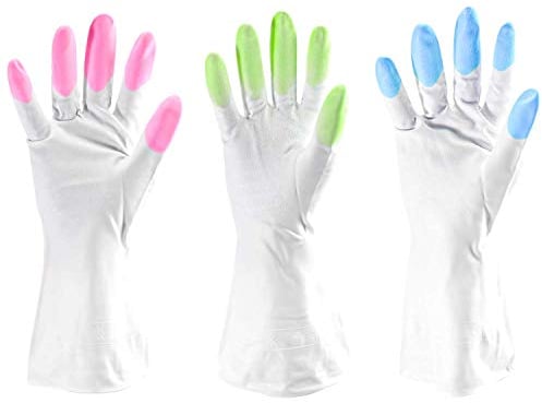 3x gants en caoutchouc - parfaits pour la vaisselle, le nettoyage, le jardinage domestique polyvalent - unisexe antidérapant - grand - rose vert et bleu