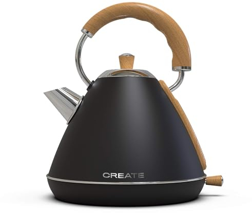 CREATE/KETTLE RETRO L/Hervidor de agua eléctrico Negro/Ebullición rápida, capacidad 1,7l, apagado automático, filtrado anti-cal, autoapagado, indicador de nivel de agua, Ø19 cm, 2200 W