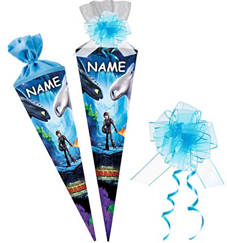alles-meine.de GmbH Schultüte Größenwahl Dragons - Drachenzähmen leicht gemacht - 100 cm - 12 eckig - incl. Name und Schleife - Tüllabschluß - Zuckertüte - mit/ohne Kunstst..