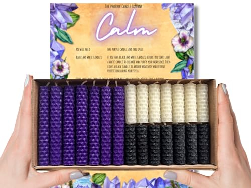 Phoenix Candle Company - Banish Stress & Anxiety Bienenwachs-Zauberkerzen-Set mit A4-Zauber – 21 Stück – handgerollt – Lila
