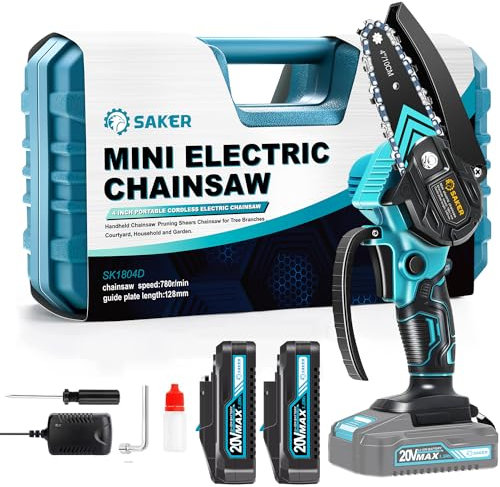 Saker Mini Kettensäge mit Akku, kabellose kettensäge elektrisch mit 1 Kette und 2 Batterien, 10 cm mit Sicherheitstaste Einhand Kettensäge Akku
