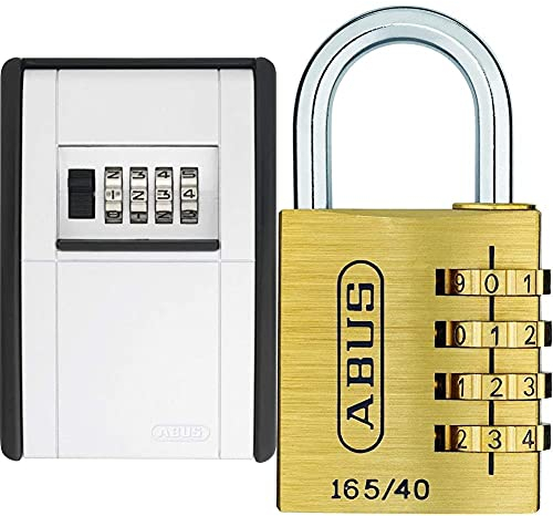 ABUS KeyGarage™ 787 - Schlüsselbox zur Wandmontage - für Schlüssel oder kleine Wertgegenstände & Zahlenschloss 165/40 - Vorhängeschloss aus Messing - mit einstellbarem Zahlencode - Messingfarben