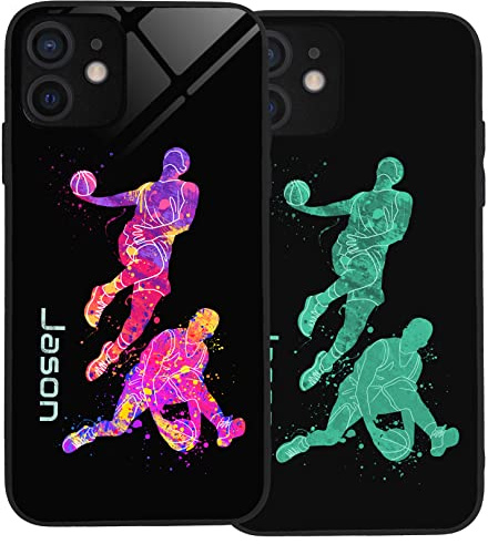 PrintMyPhoneCase Personalised Case for iPhone 12, Slim Anti Scratch Glass panel with shockproof TPU Rims | Glow in the Dark Case | Custom Phone Case-Basketball-1