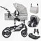 3 in 1 Kombi-Kinderwagen inkl. Babyschale, Buggy, Jogger mit Wickeltasche, Moskitonetz, Regencover, Spieltisch, Autoschale Fußsack, QuickFold, Aluminiumrahmen (Silber - grau/kariert)