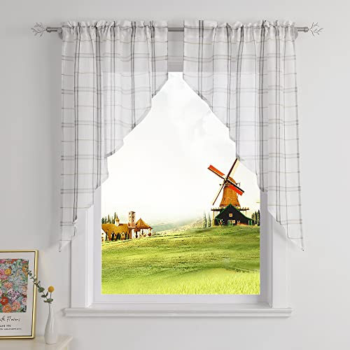 CORLIF 2 Teilig Transparente Scheibengardinen mit Tunnelzug Kariert Küchengardine Landhaus Fenster Gardinen Leinenoptik Bistrogardine mit Karo Muster H/B 90/60 cm Grau