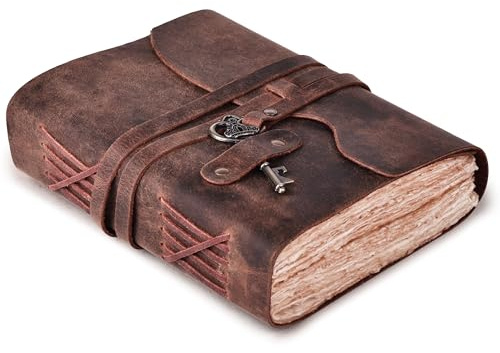 LEATHER VILLAGE Vintage Leather Journal – 200 Handmade Vintage Deckle Edge Paper – Leather bound Journal For Women Men – Brass Key Closure - Book of Shadows - 13X8 inches - Fuchsia | Handmade Deckle Edge paper, 200 Blank Pages ,Grimoire, Book Of Shadows, Sketchbook, Scrapbook, Leather Journal , Fuchsia13x8