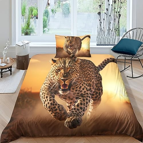 AYSUM Cheetah Bedding Sets Satin Leopard Steppdeckenbezug Reißverschluss Bettdeckenbezug Zip-Verschluss Bettwäsche Garnitur Verschiedene Größen Bettbezug Single(135x200cm)