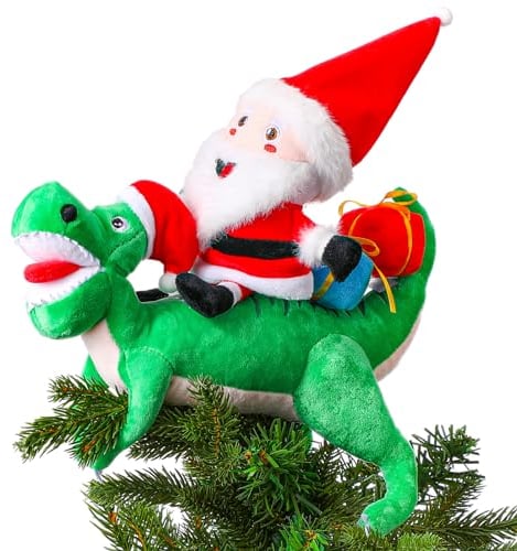 Meooeck Christmas Dinosaur Plush Tree Topper Santa Riding Dinosaur Hanging Tree Ornament for Kids 10 Inch Large Funny Christmas Tree Topper Decor Curtain Tie Wine Bottle Decor for Holiday Party Favors