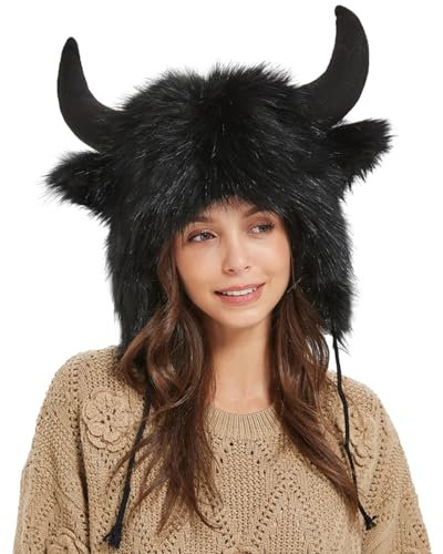 Povanjer Bison Gehörnter Büffelhut | Warme Wintermütze | Unisex Erwachsene Tier Cosplay Pelzohr-Kopfbedeckung für Männer und Frauen Schwarz