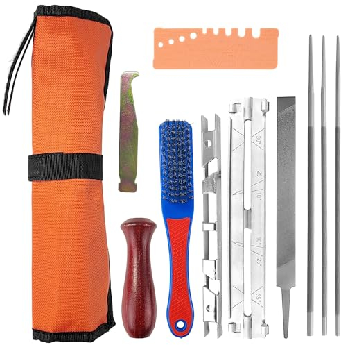 11-Teiliges Set Kettensäge Schärfgerät, Hochwertiger Stahl Sägekettenschärfgerät, Kettenschärfgerät, Kettensägenschärfer, Kettensäge Schärfen für Jede Kettensäge(orange Farbe)