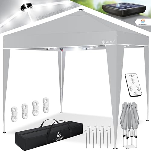 KESSER® Pavillon Faltpavillon 3x3m mit LED Beleuchtung Solar Fernbedienung | Gartenzelt Höhenverstellbar & Wasserdicht + Tasche Bodenanker | Pop-Up Klicksystem UV-Schutz 50+ Partyzelt, Farbe:Hellgrau