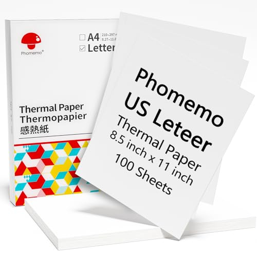 Phomemo Thermopapier, 21,6 x 27,9 cm, Thermodruckerpapier, 21,6 x 27,9 cm, Mehrzweck-Büro-Weiß, kompatibel mit M08F, M832, MT800, MT800Q und anderen tragbaren Buchstaben-Druckern, 100 Blatt