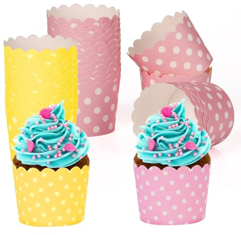 Cupcake Wrapper, 100 Stück Cupcake Liner Fall Wrapper Muffinförmchen Papier Cupcake Backbecher Papierkuchen für Backtage Geburtstage Hochzeiten und Partys Rosa Gelb