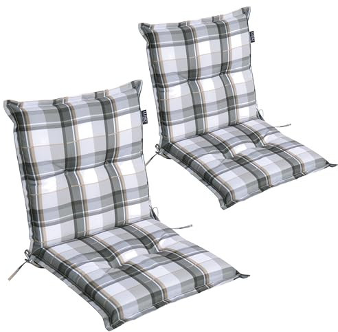 LILENO HOME Gartenstuhl Auflagen als [2er Set - Niedriglehner] in Karo Grau Y - Bequeme Liegen als Sitzauflagen für Gartenmöbel - Stuhlkissen für Gartenstühle und Klappstühle MAR